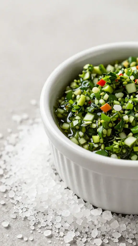 ramekin of coarse sea salt beside chimichurri, closeup