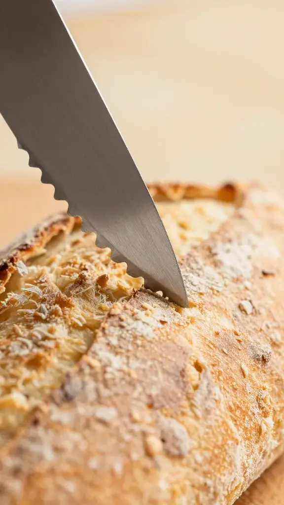 serrated bread knife tip cutting ciabatta crust, macro