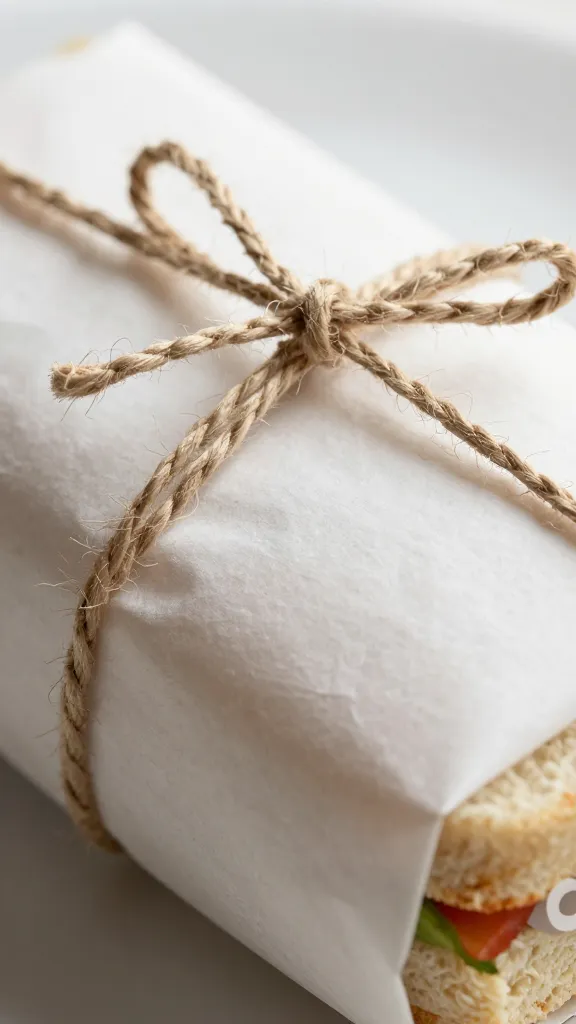 deli paper-wrapped sandwich end, tight twine knot, closeup