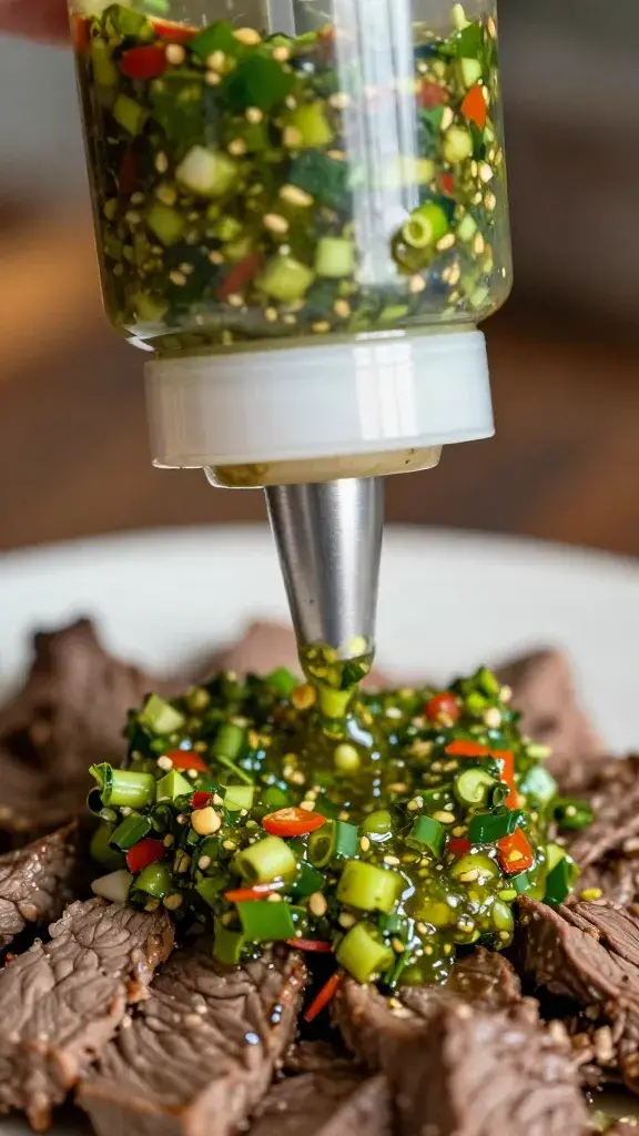 squeeze bottle nozzle of chimichurri over beef, closeup