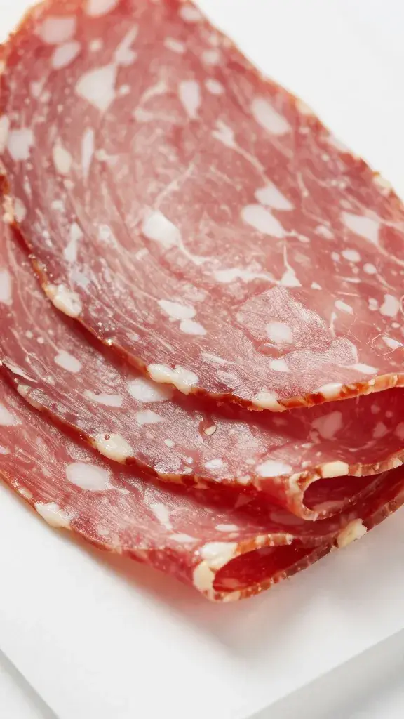 closeup of mortadella slices folded on butcher paper