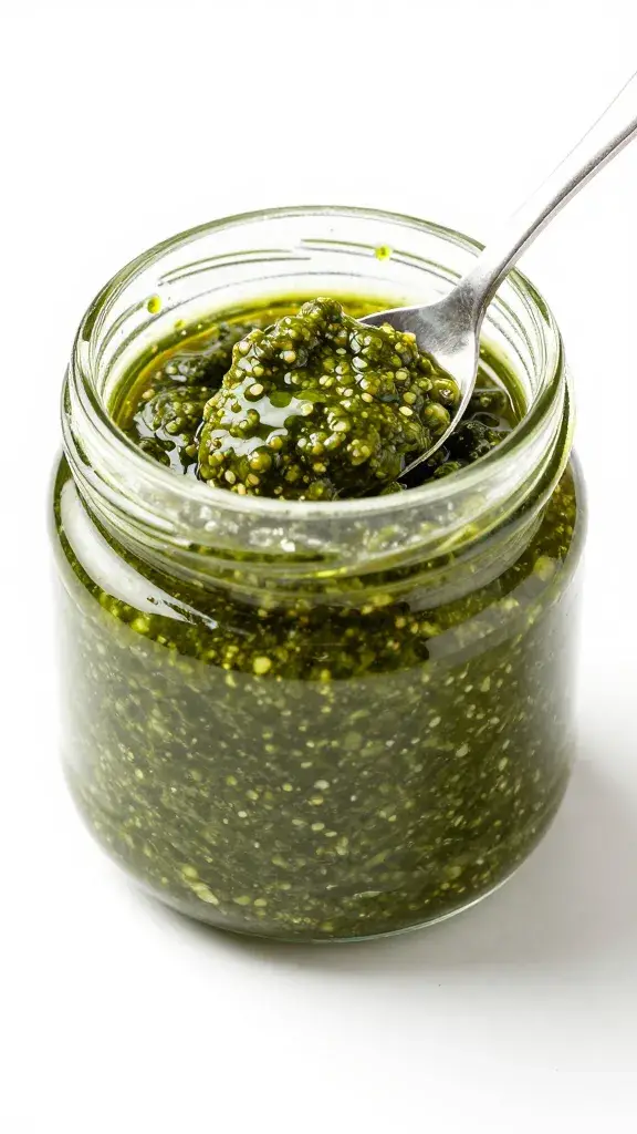 small jar of pesto with spoon, oily sheen