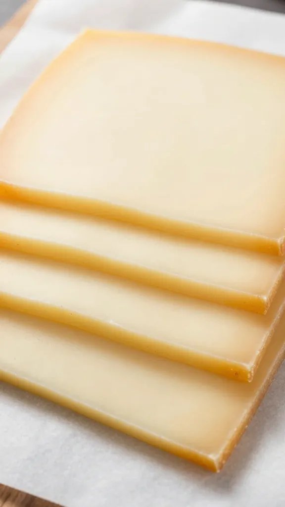 closeup of sliced provolone stack on parchment