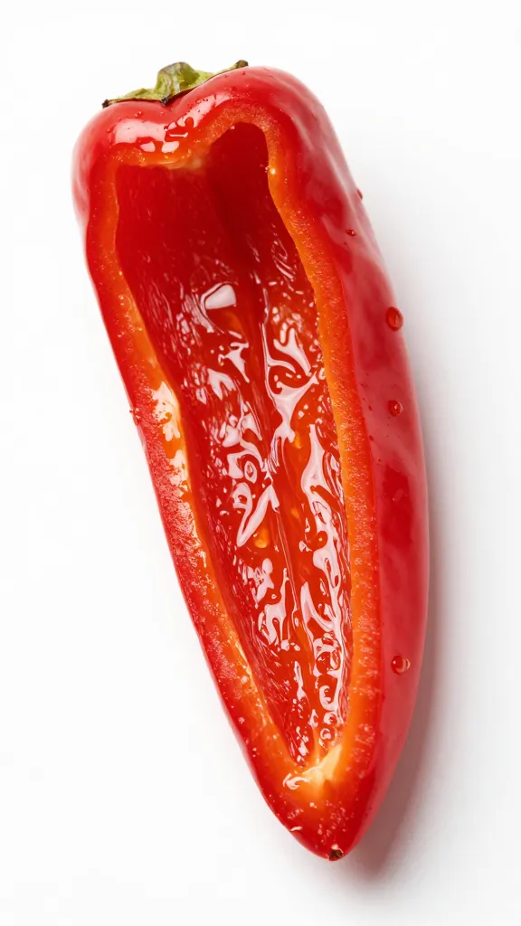 single roasted red pepper strip glistening with oil