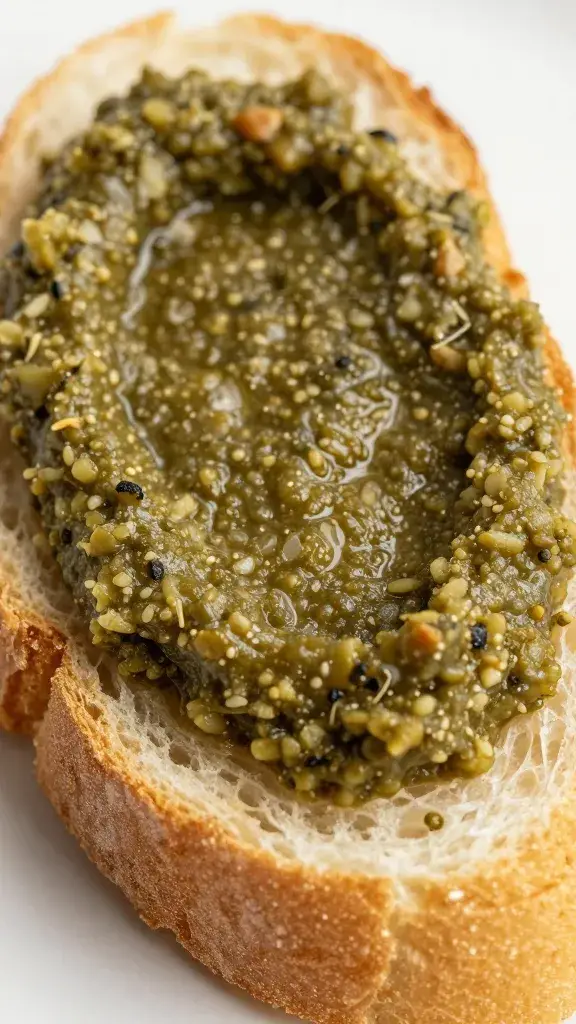 closeup of olive tapenade spread on bread slice