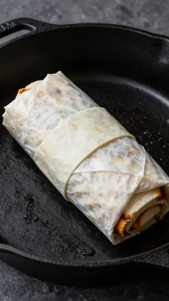 heavy cast-iron skillet pressing wrapped sandwich