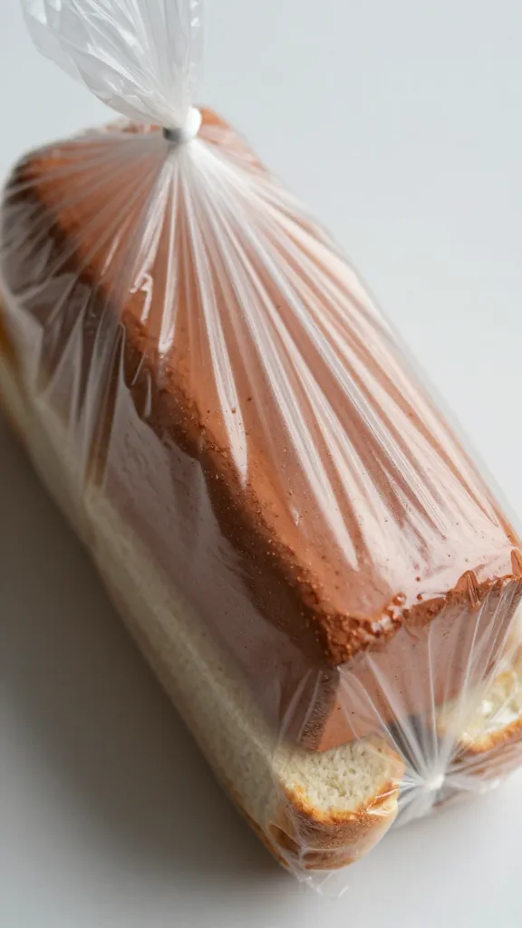 closeup of plastic-wrapped sandwich weighted with brick