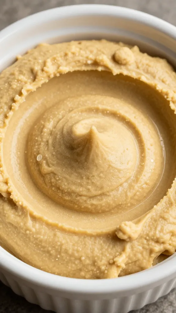 closeup of hummus swirl in small ramekin