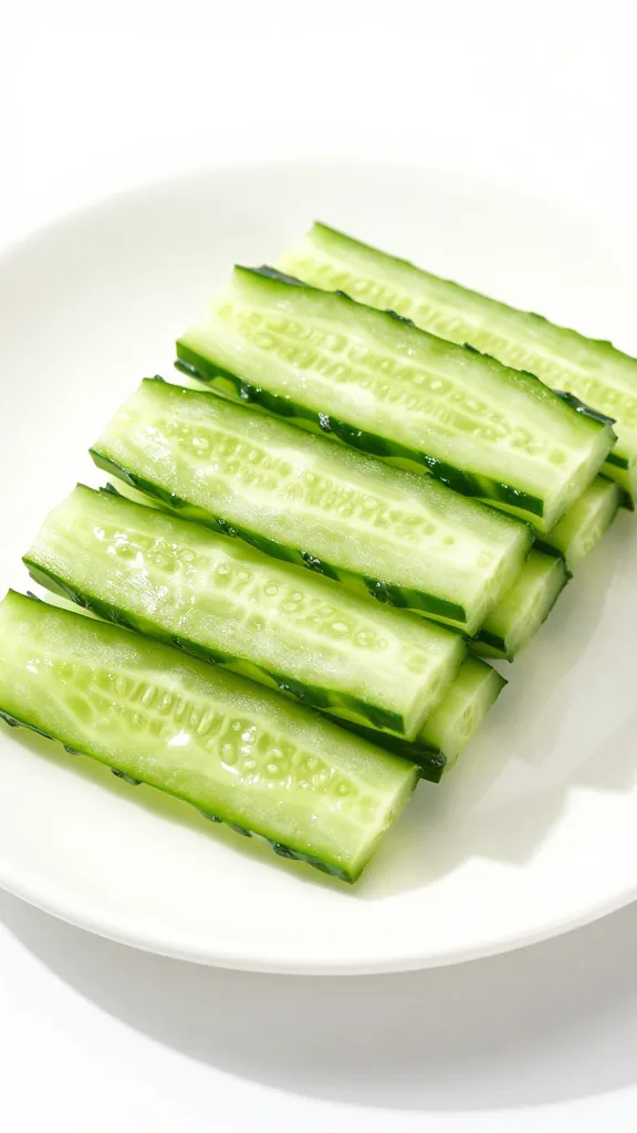 sliced cucumber ribbons on white ceramic plate