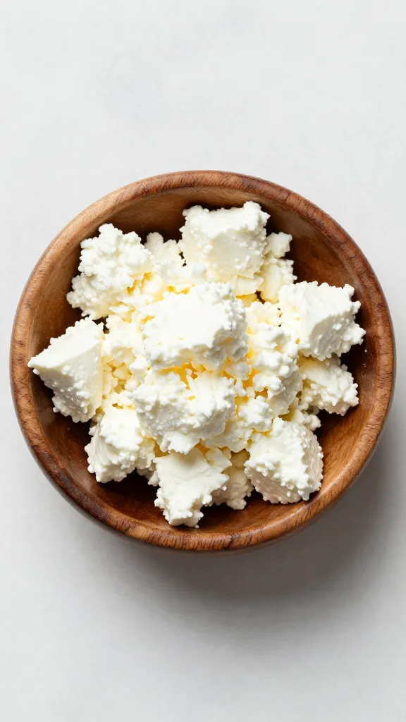 crumbled feta in small olive-wood bowl