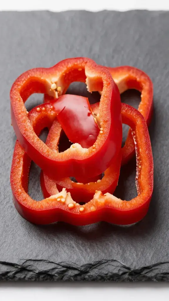 thinly sliced red bell pepper strips on slate