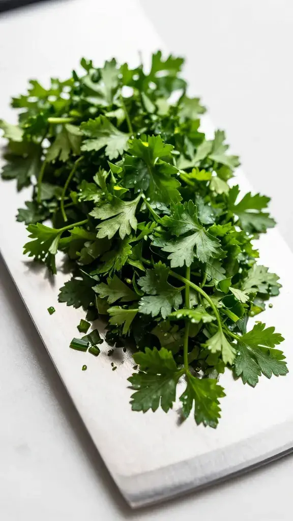 chopped fresh parsley mound on chef’s knife blade