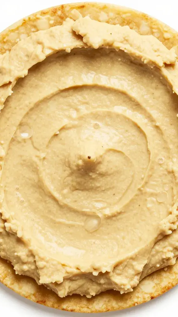 tortilla spread evenly with hummus, edge-to-edge
