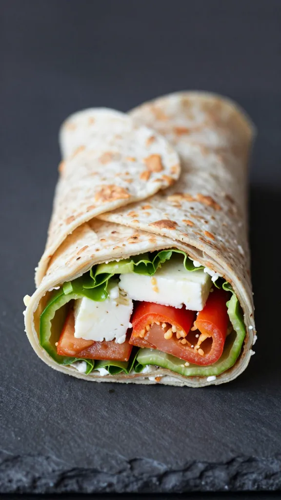 wrap half cross-section showing layered veggies and feta