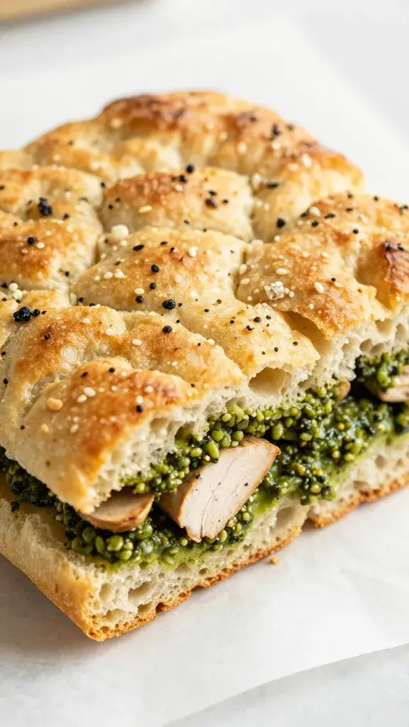 closeup chicken pesto focaccia sandwich half on parchment