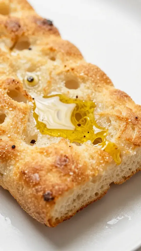 toasted focaccia slice brushed with olive oil, macro