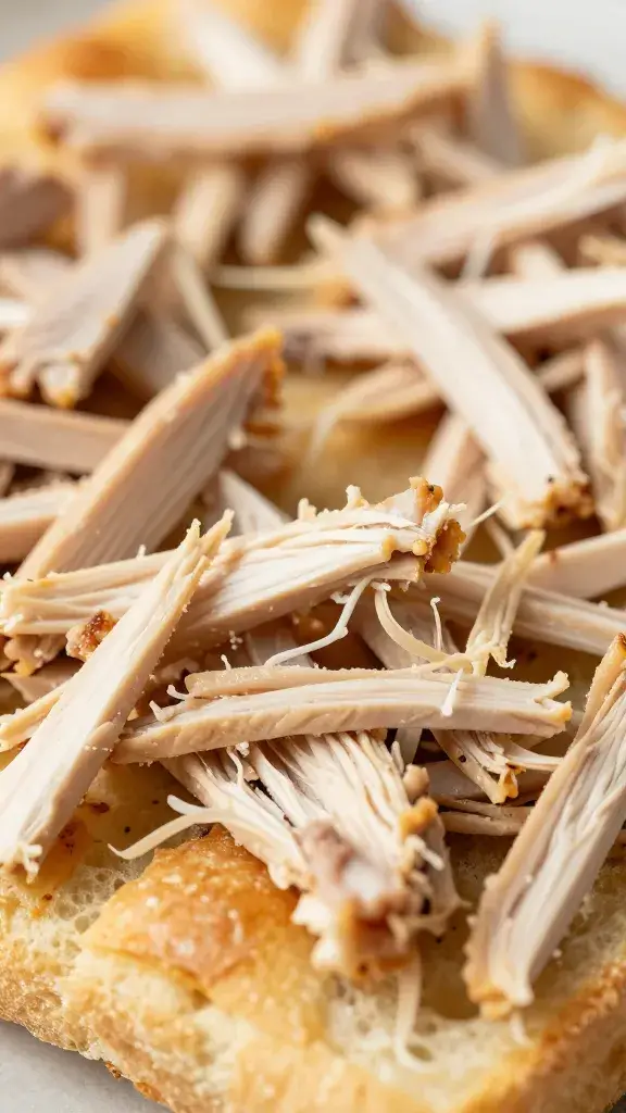shredded rotisserie chicken piled on focaccia, closeup