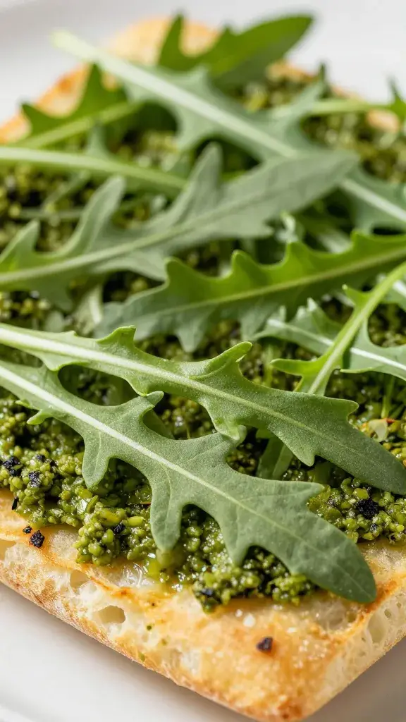 arugula layer on pesto-smeared focaccia, tight shot