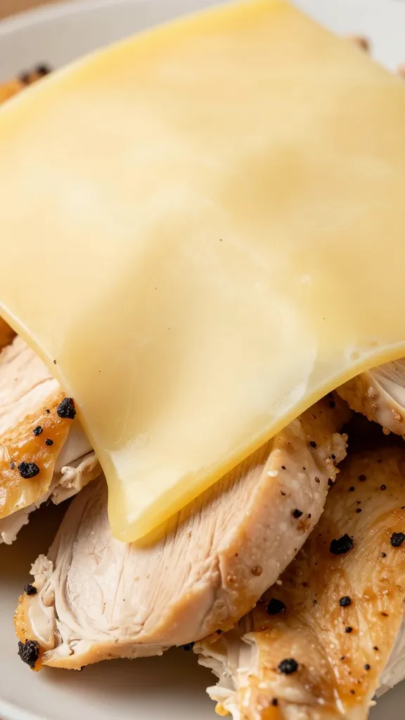 melted provolone slice draped over chicken, closeup
