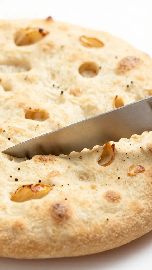 serrated bread knife slicing focaccia horizontally
