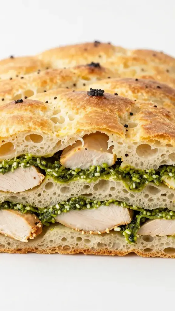 cross-section of chicken pesto focaccia showing layers