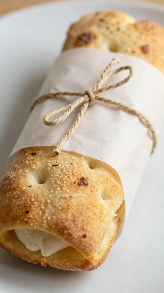 wrapped focaccia sandwich in parchment with twine, closeup