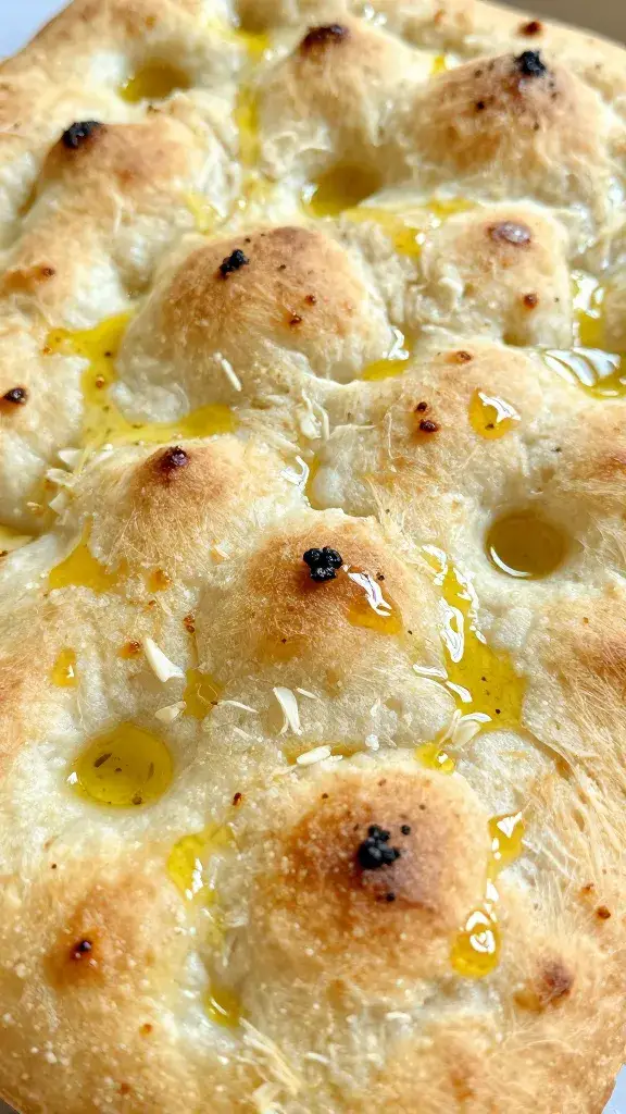 closeup focaccia slab with olive oil sheen