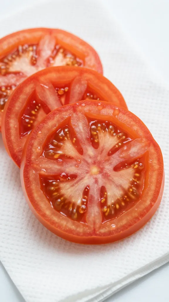 sliced heirloom tomato on paper towel, beaded moisture