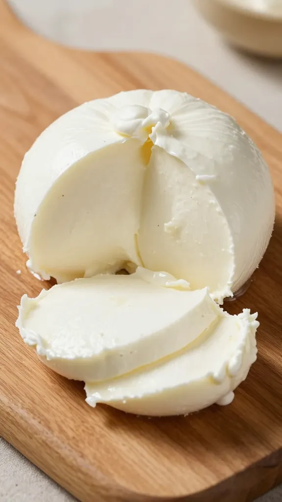 fresh mozzarella round on wooden board, single slice cut