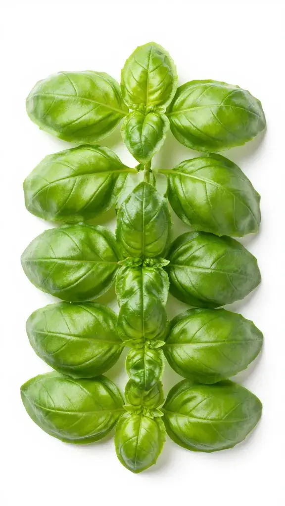 basil leaves stacked, edges aligned, studio lighting