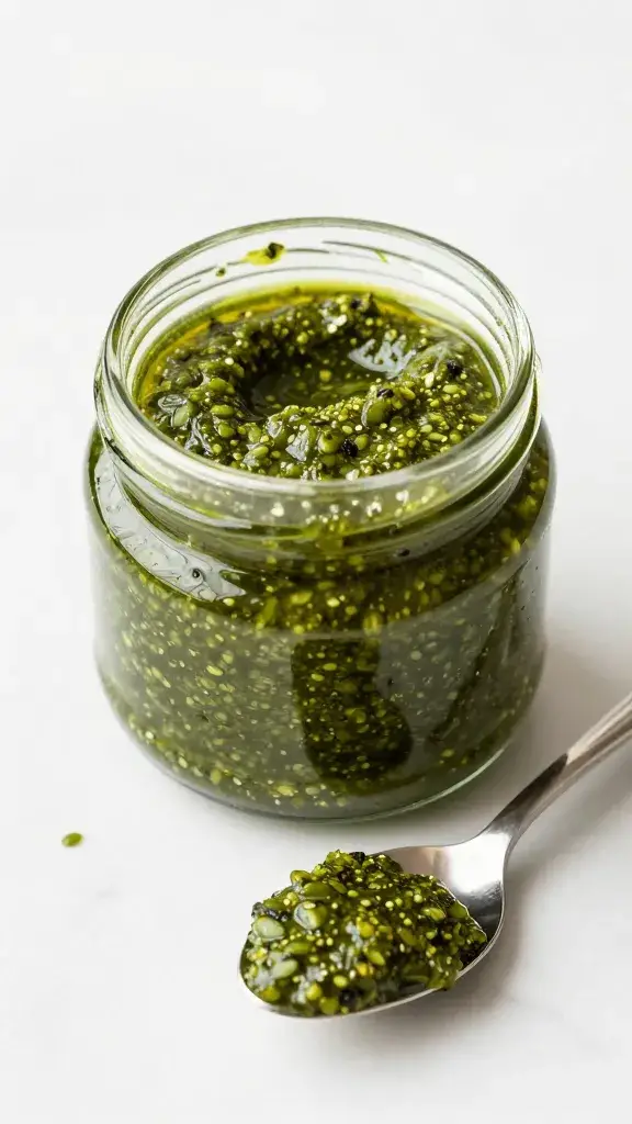 small jar of pesto, spoon trail on rim