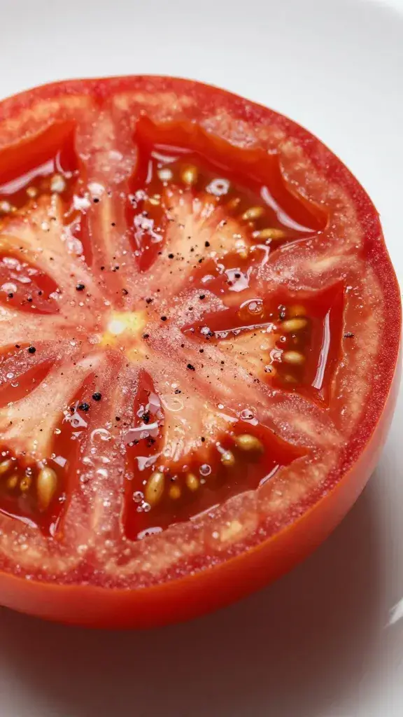 salt-flaked tomato slice, black pepper dusted