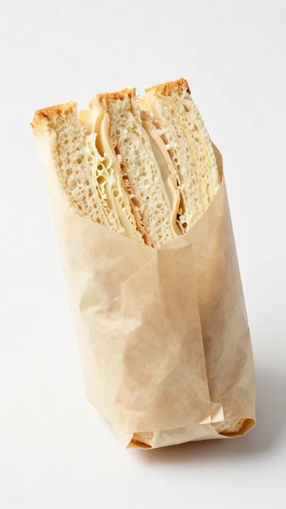 sandwich wrapped in parchment, cut edge showing layers