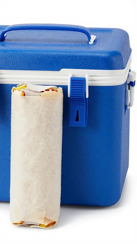 cooler pack beside wrapped sandwich, condensation detail