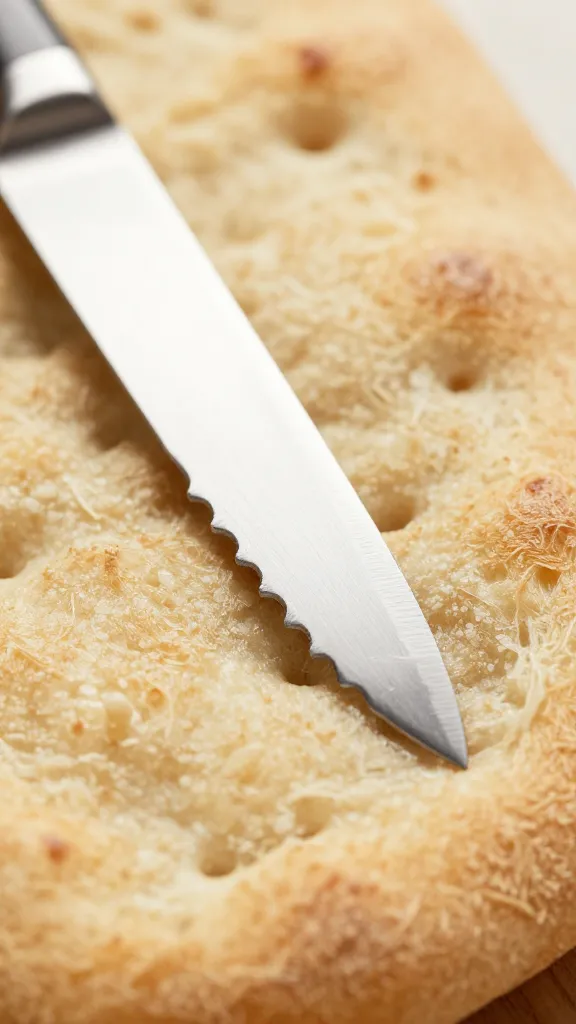 serrated bread knife tip resting on focaccia crust