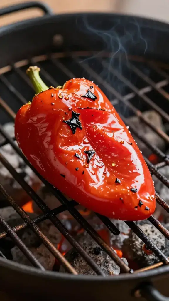 single roasted red pepper on charcoal grill grates