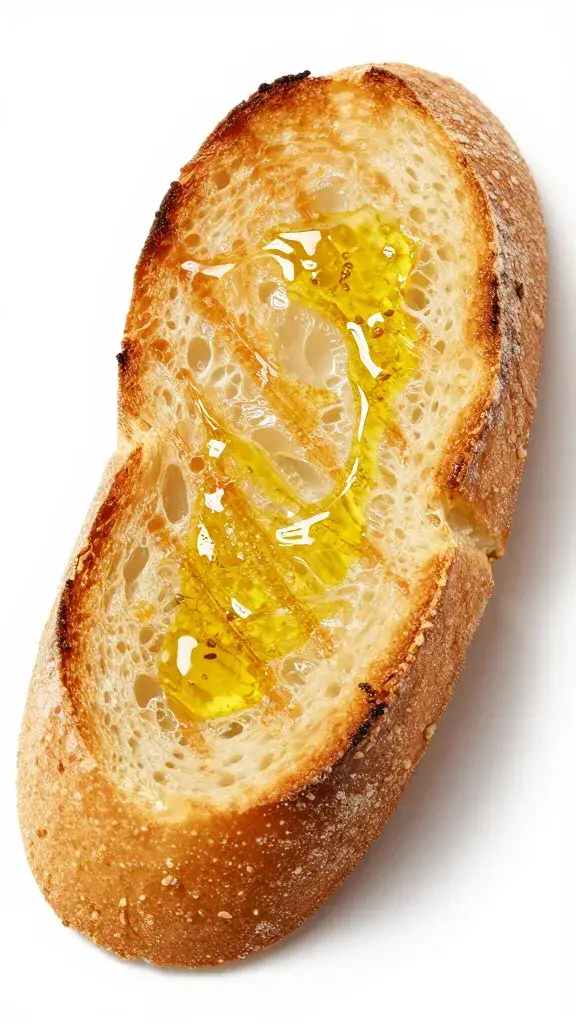 toasted baguette slice glistening with olive oil