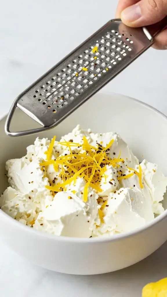 microplane grating lemon zest over feta bowl