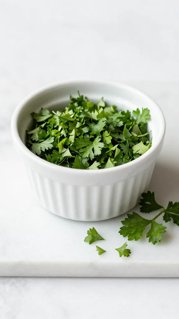 small ramekin of chopped parsley on marble