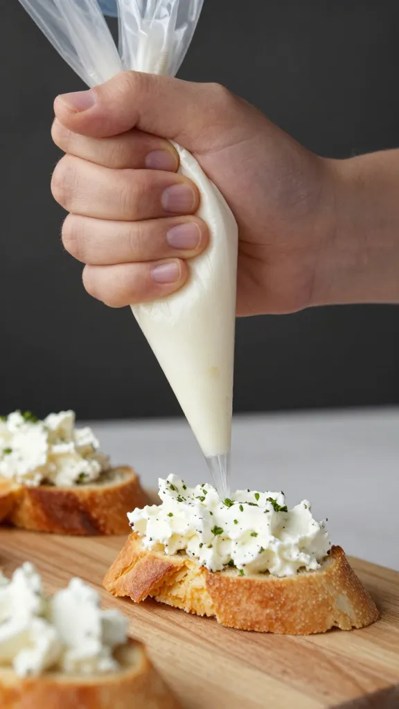 piping bag filling crostini with whipped feta