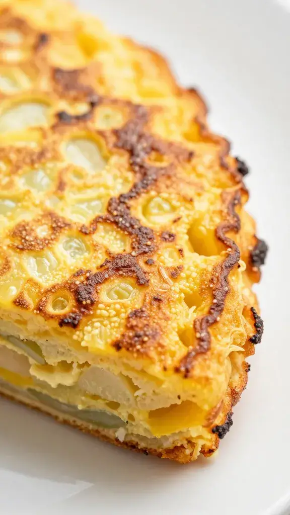 sheet-pan tortilla española corner piece, macro shot