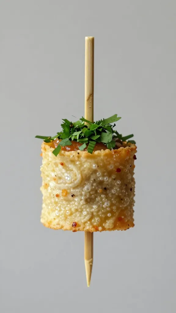 single skewer with tortilla bite and chive garnish