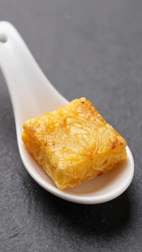 tortilla española square on white ceramic spoon