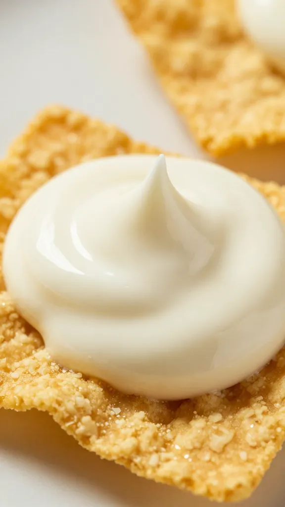 glossy aioli swirl on tortilla cube, tight closeup