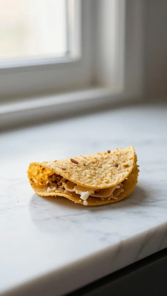 tortilla bite on marble surface with soft window light