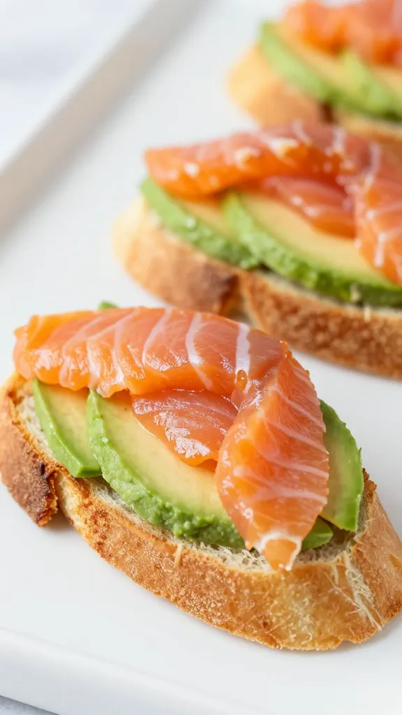 closeup smoked salmon avocado crostini on white platter