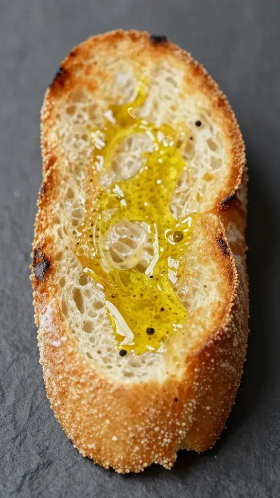 toasted baguette slice brushed with olive oil, macro