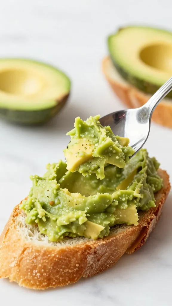 spoon spreading avocado mash on crostini, shallow depth