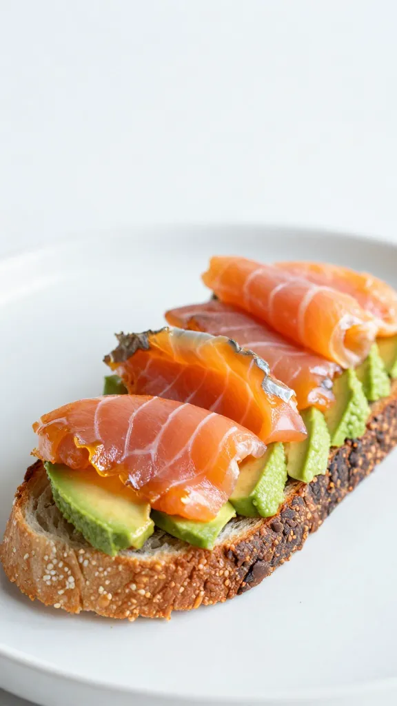 thin ribbon of smoked salmon on avocado toast point