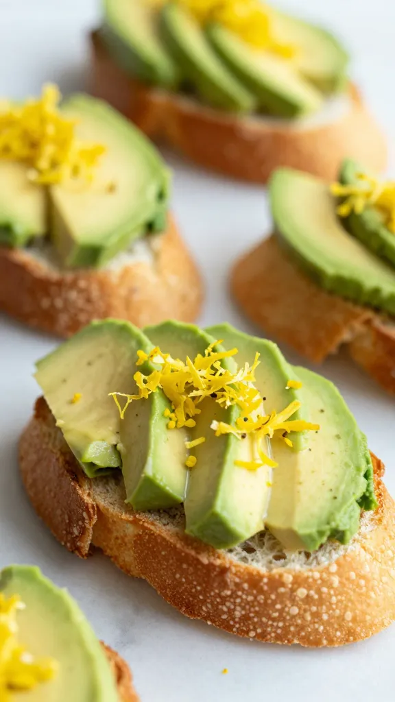 lemon zest sprinkled over avocado-topped crostini, macro